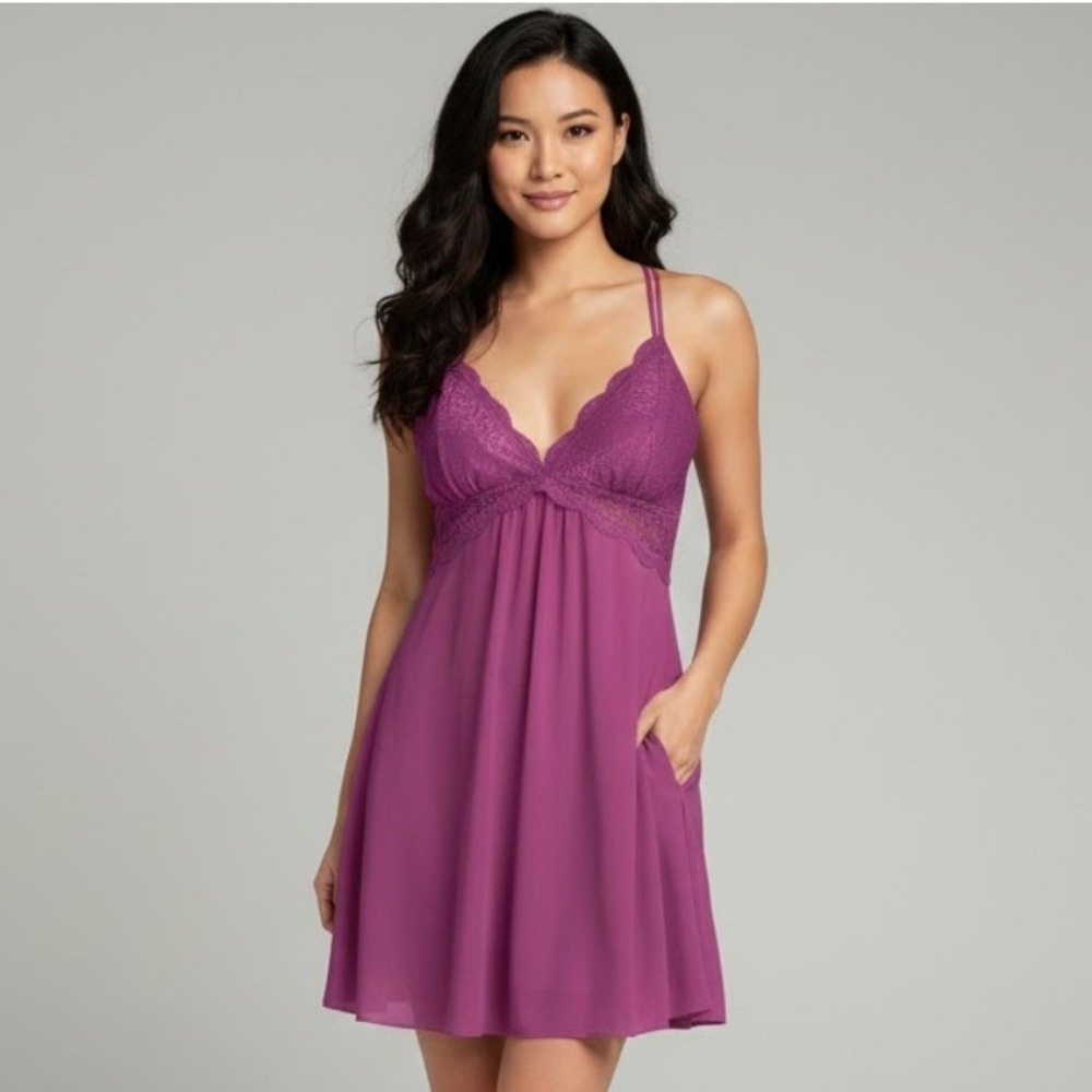 INC Intimates Women XL Nightgown‎ Purple Lace Strappy Babydoll Romantic Elegant